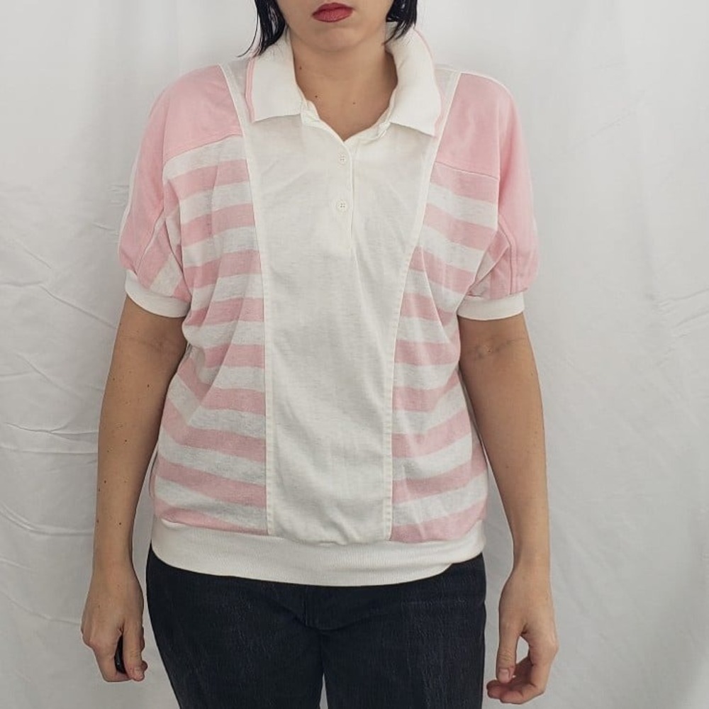 80s Pink and White Striped‎ Polo